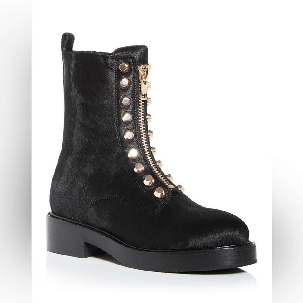 Jeffrey Campbell Black Leather Combat Boots with Gold Studs & Zipper